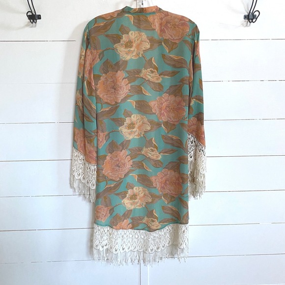 Show‎ Me Your Mumu Floral Kimono Duster Turquoise Coral Lace Fringe Medium - Picture 12 of 12